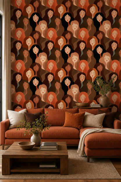 Abstract Portrait Pattern Wallpaper Women Faces Diverse Skin Tones Removable Wall Decor
