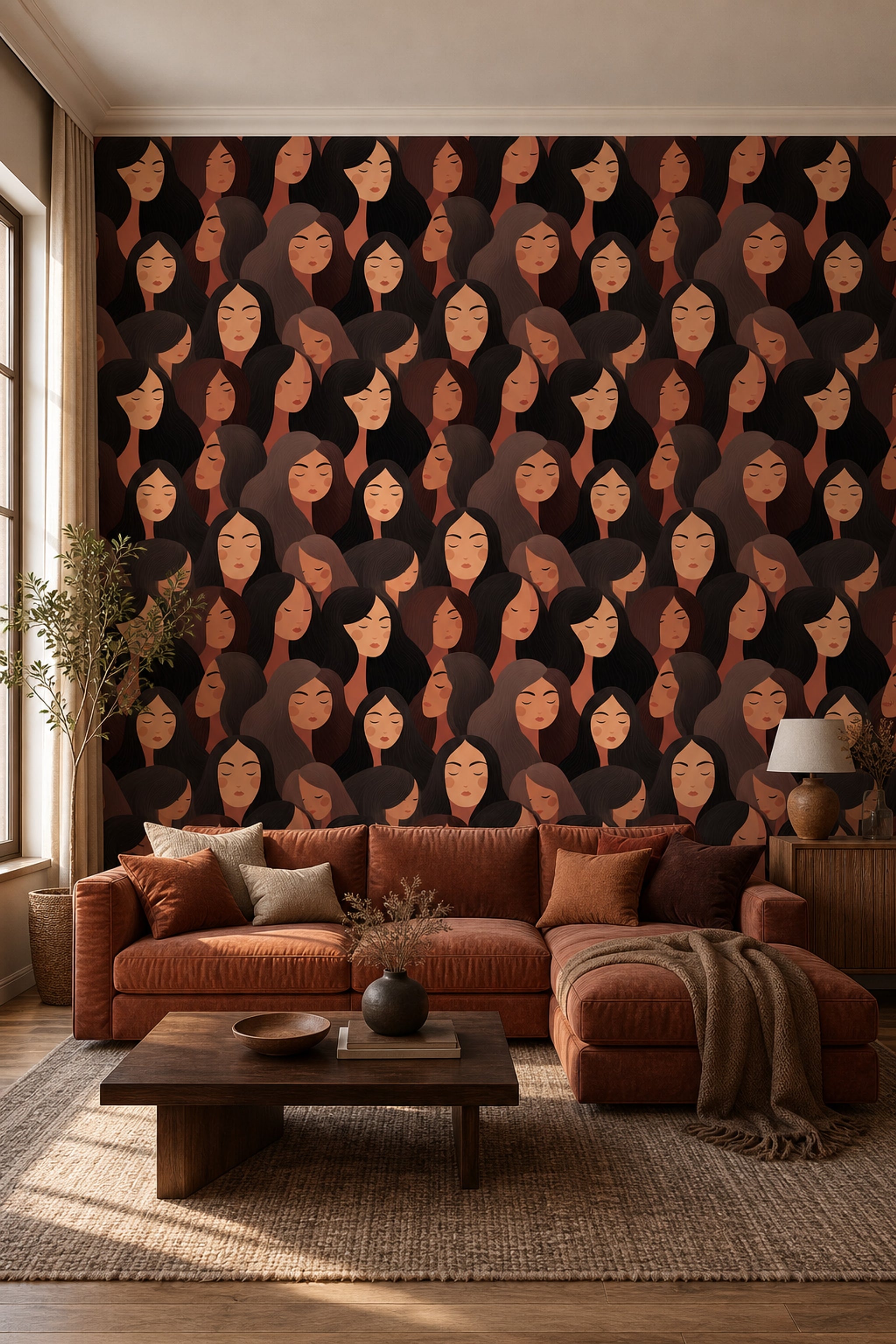 Abstract Portrait Pattern Wallpaper Stylized Women Faces Modern Minimalist Illustration Decorative Mural