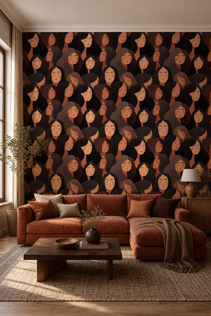 Abstract Portrait Pattern Wallpaper Stylized Women Faces Modern Minimalist Illustration Decorative Mural