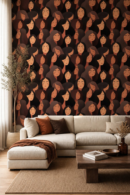 Abstract Portrait Pattern Wallpaper Stylized Women Faces Modern Minimalist Illustration Decorative Mural