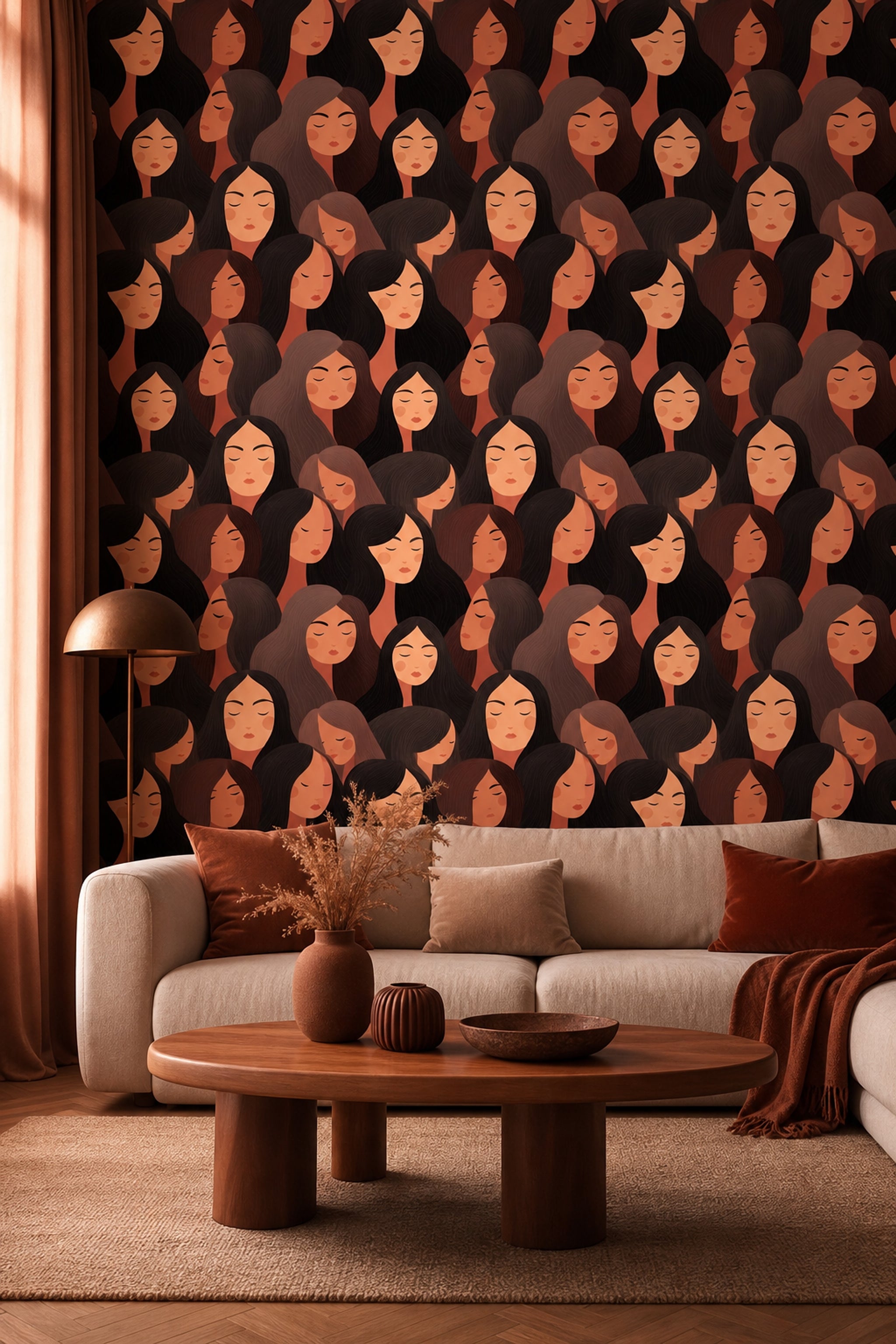 Abstract Portrait Pattern Wallpaper Stylized Women Faces Modern Minimalist Illustration Decorative Mural