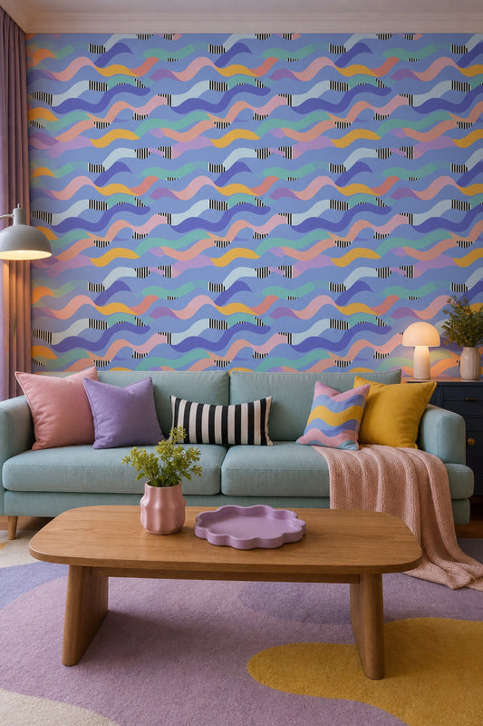 Abstract Waves Wallpaper Wavy Ribbons Pastel Color Blocking Decorative Mural
