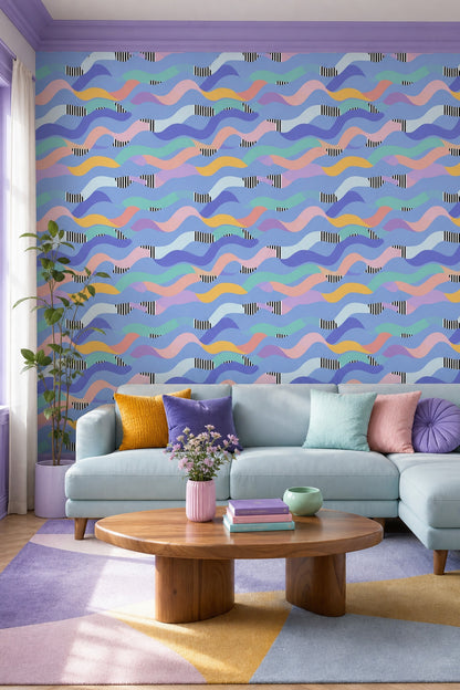 Abstract Waves Wallpaper Wavy Ribbons Pastel Color Blocking Decorative Mural