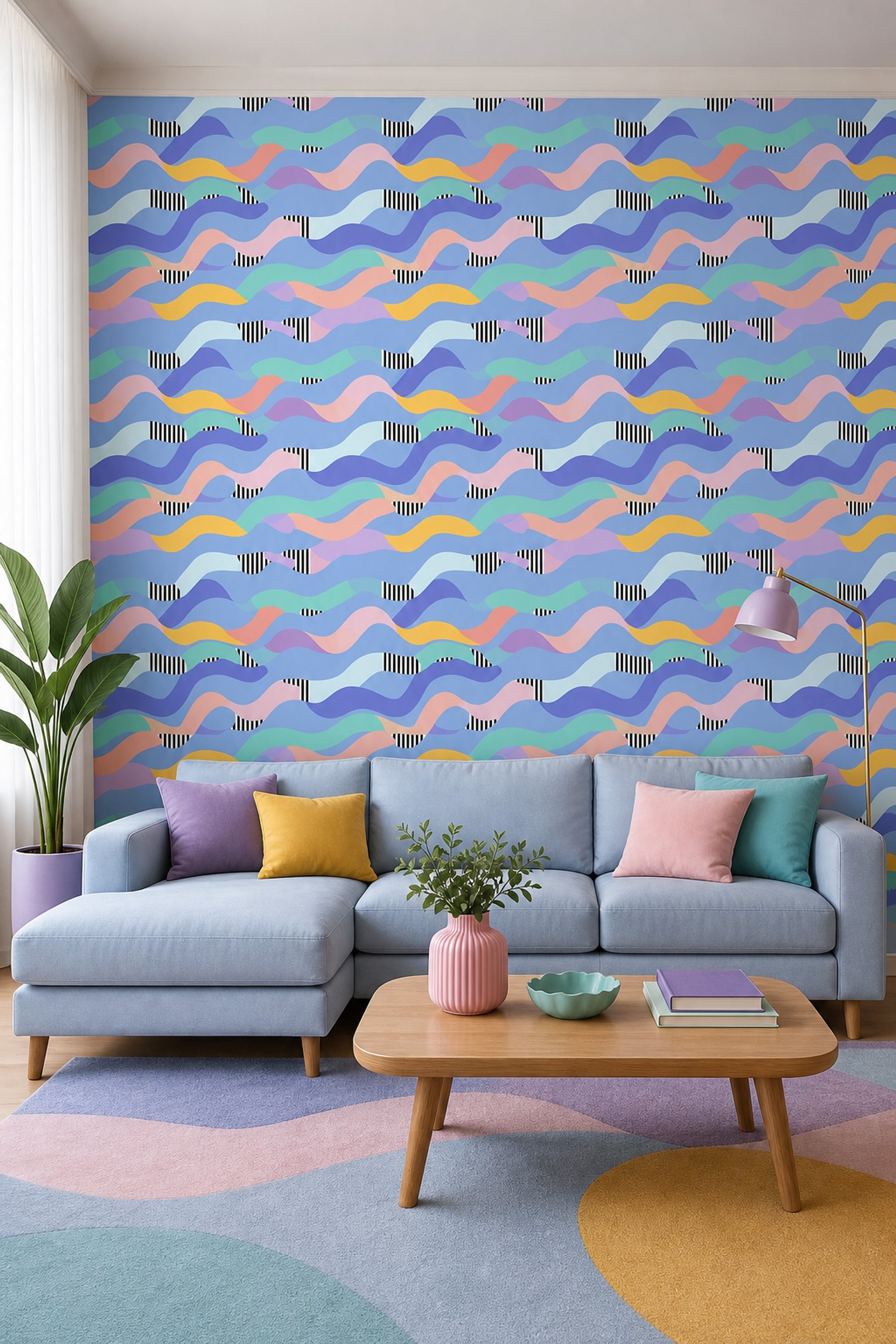 Abstract Waves Wallpaper Wavy Ribbons Pastel Color Blocking Decorative Mural