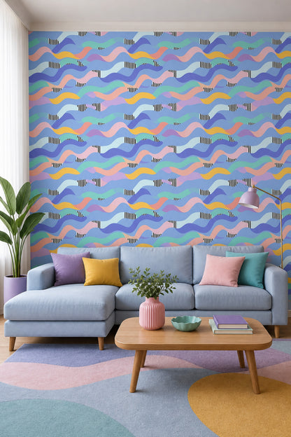 Abstract Waves Wallpaper Wavy Ribbons Pastel Color Blocking Decorative Mural