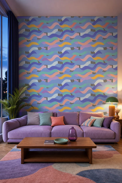 Abstract Waves Wallpaper Wavy Ribbons Pastel Color Blocking Decorative Mural