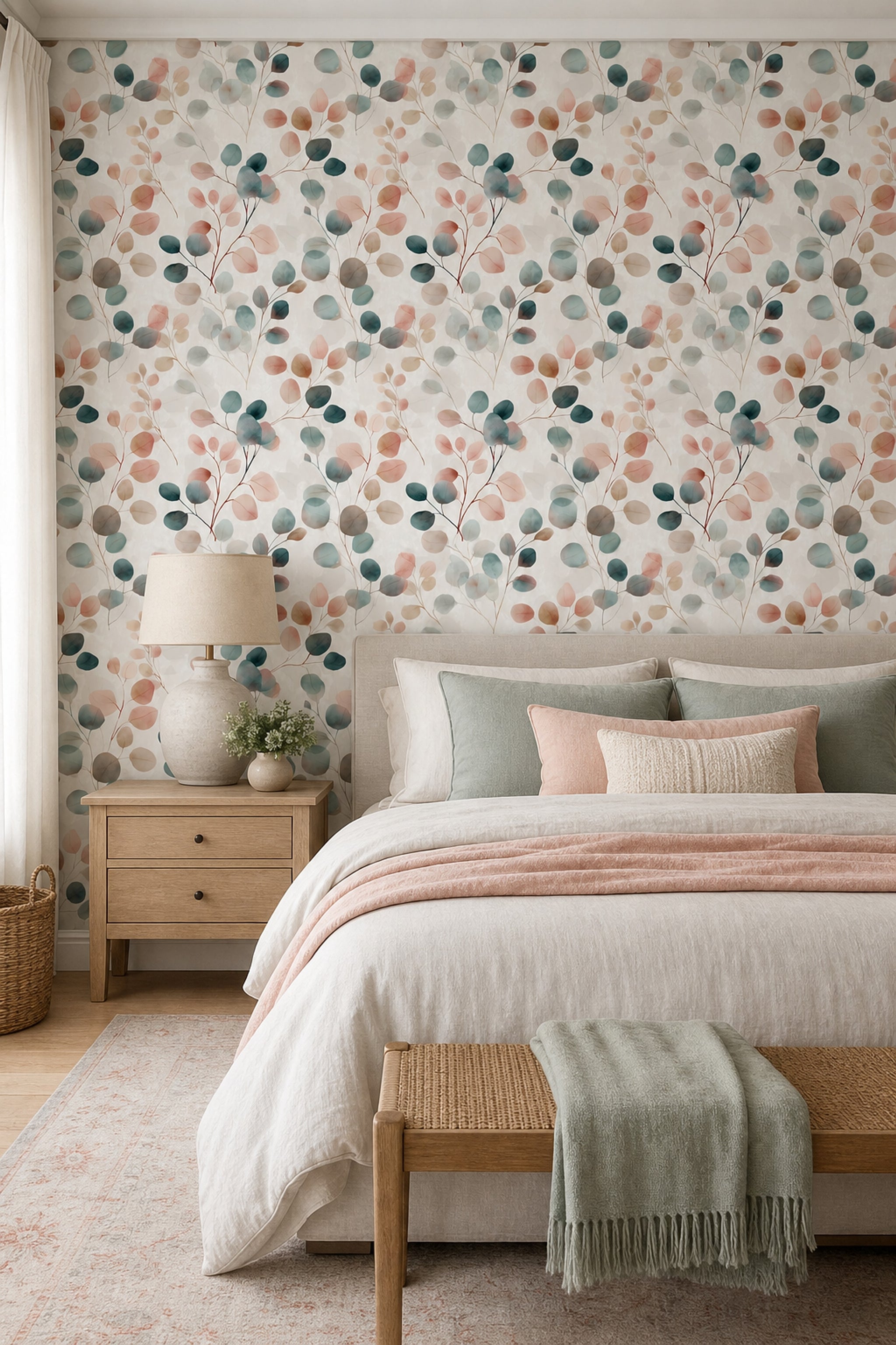 Watercolor Botanical Wallpaper Eucalyptus Leaves Removable Soft Pastel Wall Double Roll