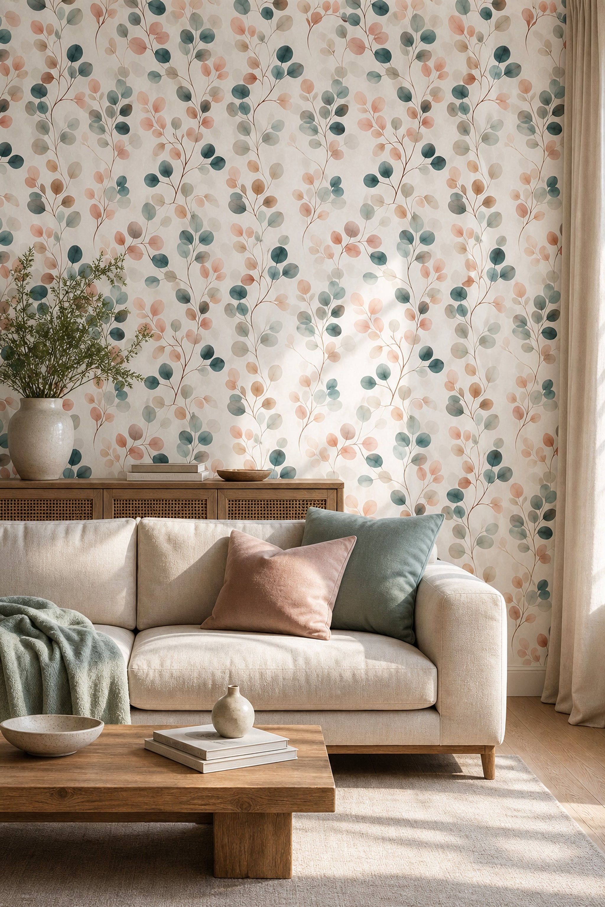 Watercolor Botanical Wallpaper Eucalyptus Leaves Removable Soft Pastel Wall Double Roll