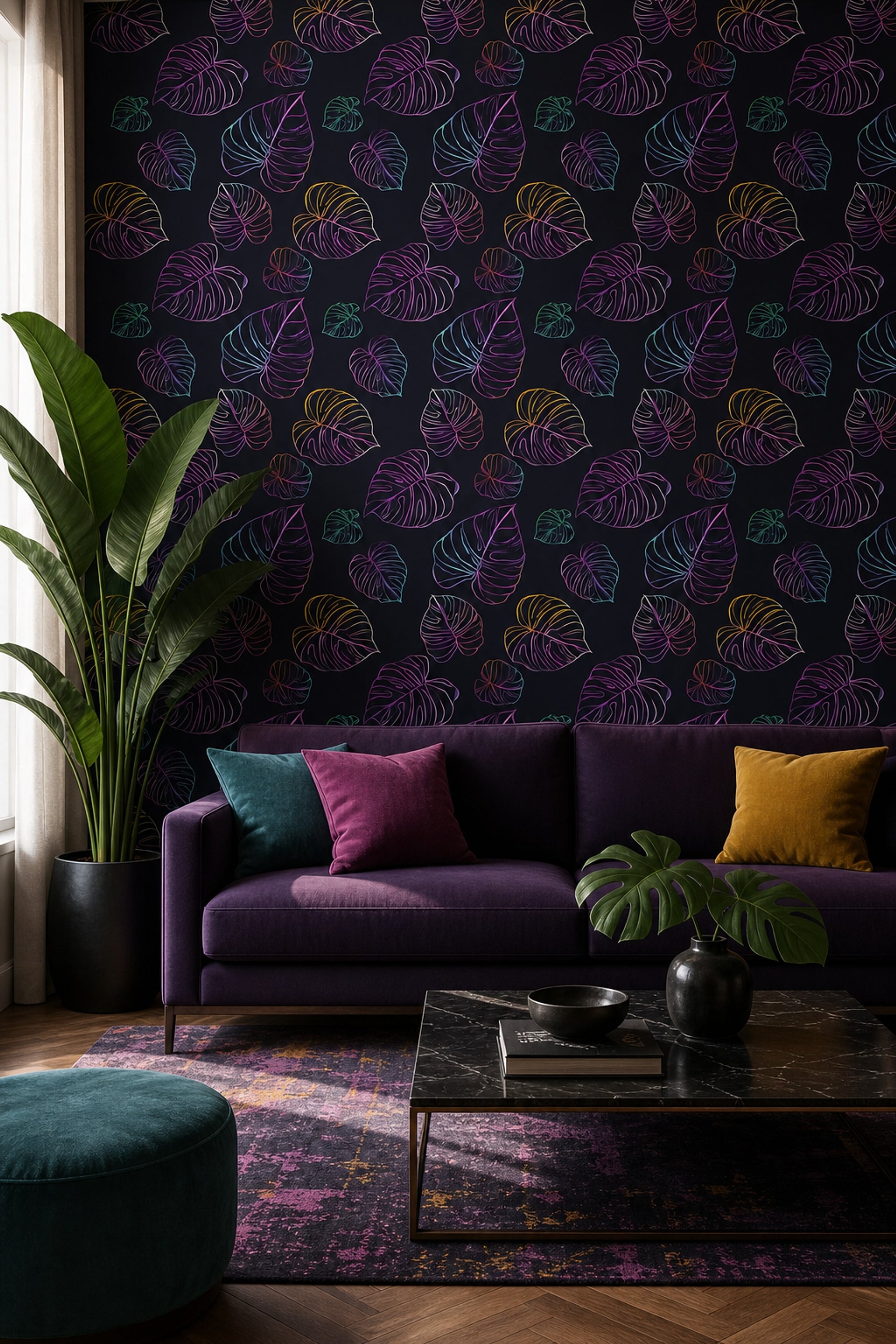 Tropical Leaves Wallpaper Monstera Removable Neon Wall Double Roll