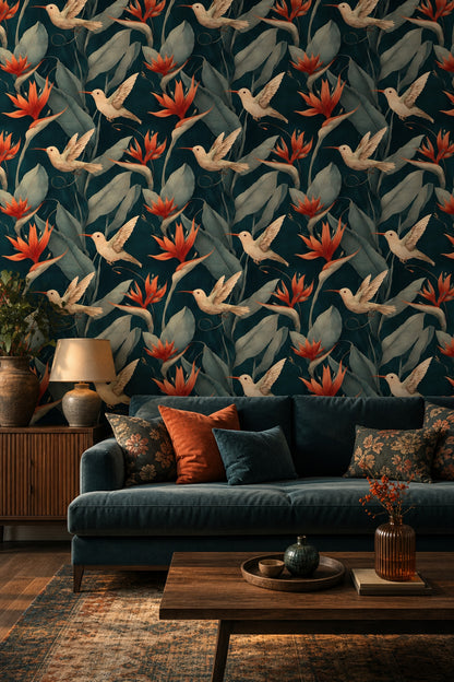 Tropical Botanical Wallpaper Hummingbirds Moody Nature Decorative Mural