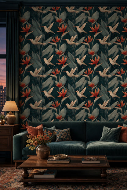 Tropical Botanical Wallpaper Hummingbirds Moody Nature Decorative Mural