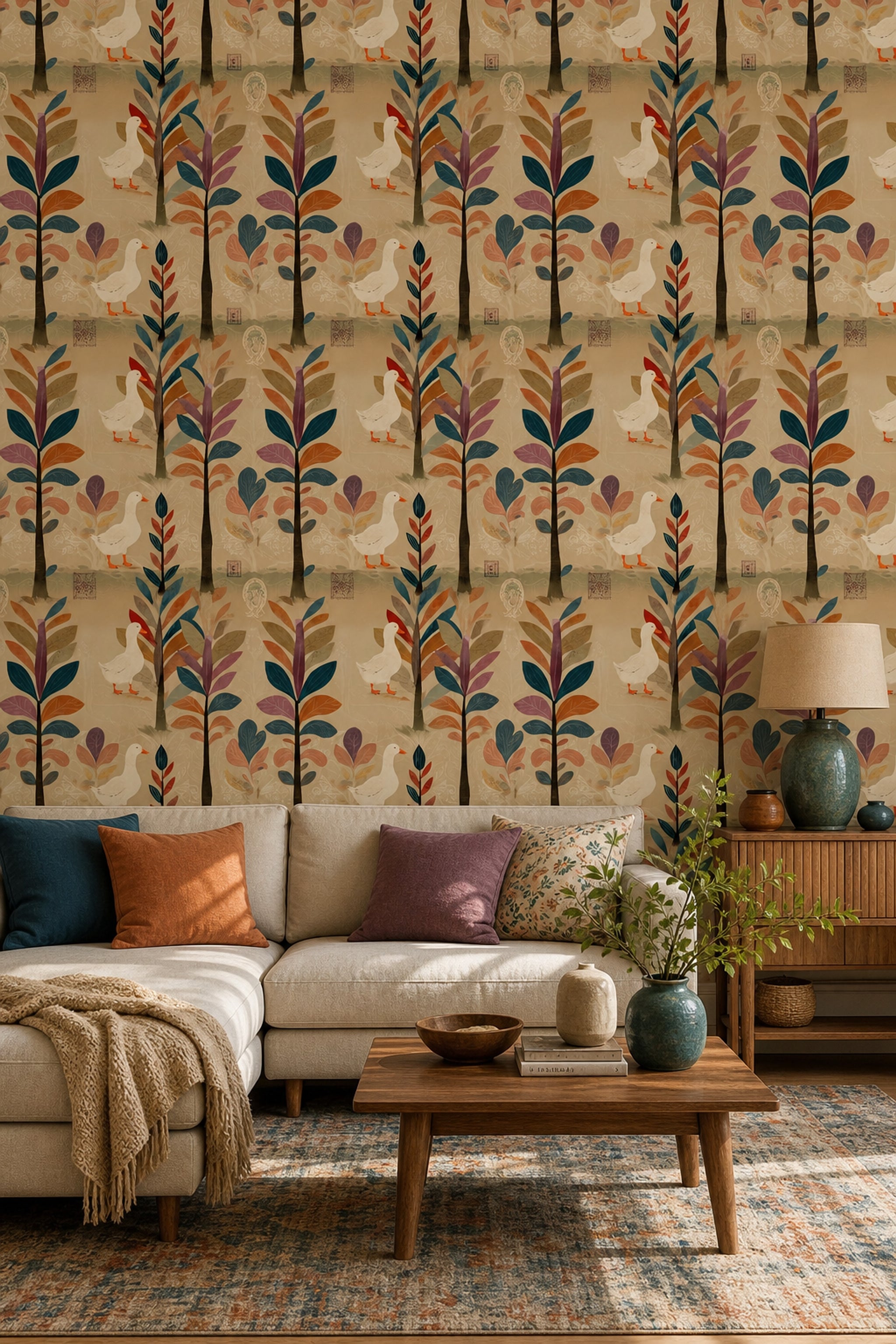 Whimsical Woodland Wallpaper Ducks Geese Removable Folk Art Wall Double Roll