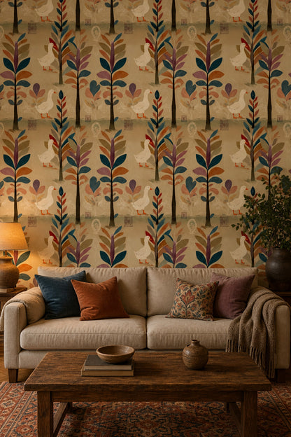Whimsical Woodland Wallpaper Ducks Geese Removable Folk Art Wall Double Roll