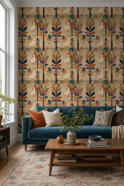 Whimsical Woodland Wallpaper Ducks Geese Removable Folk Art Wall Double Roll