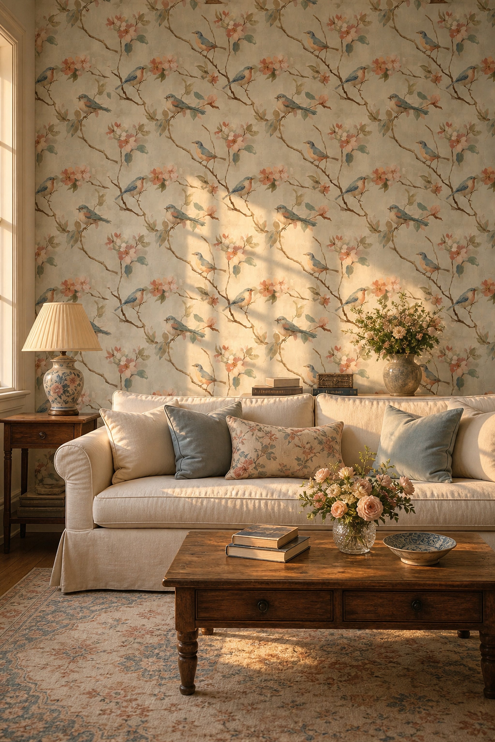 Muted Green Wallpaper Watercolor Bird Removable Wall Decor