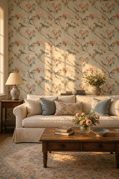 Muted Green Wallpaper Watercolor Bird Removable Wall Decor