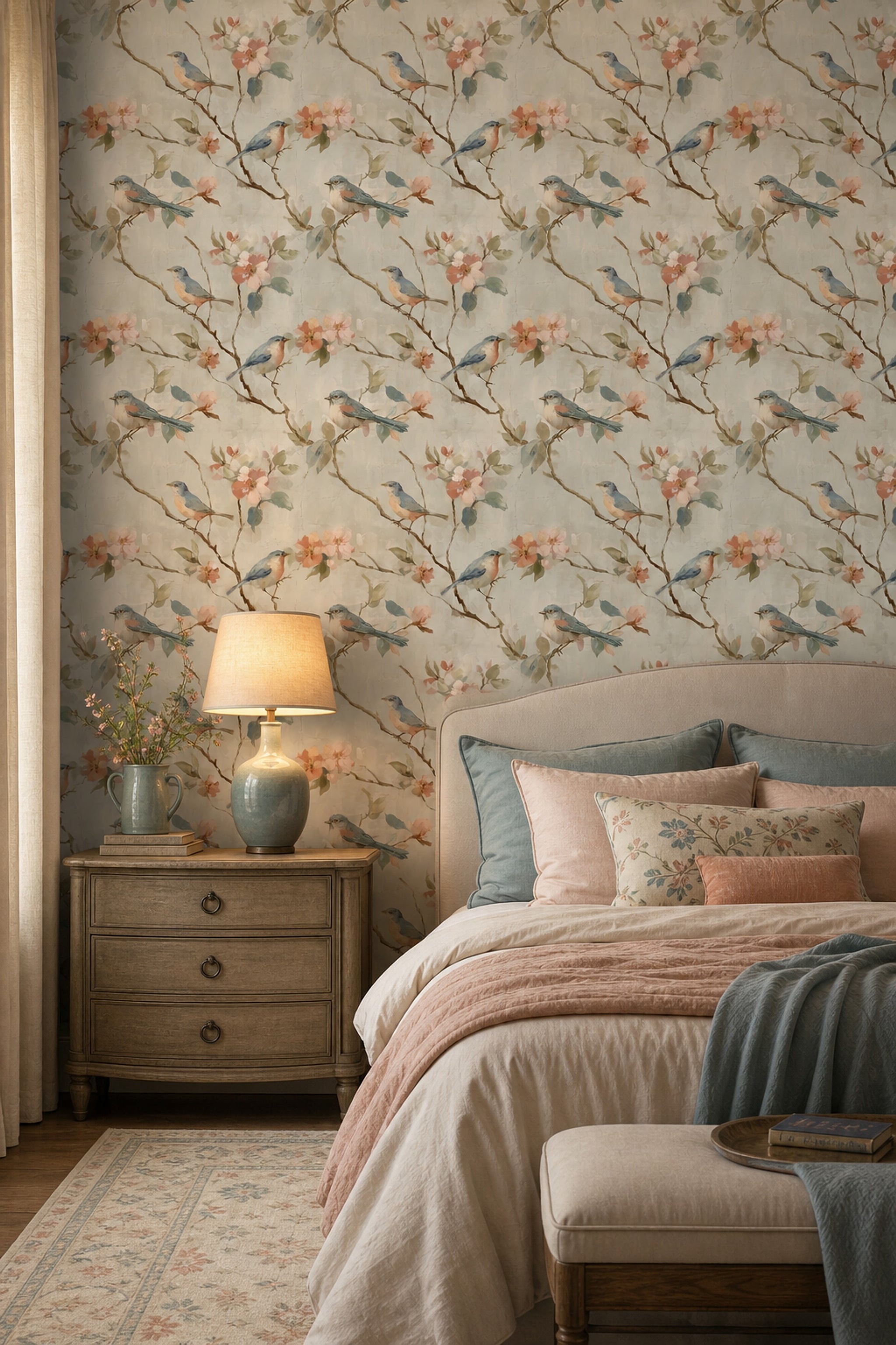Muted Green Wallpaper Watercolor Bird Removable Wall Decor