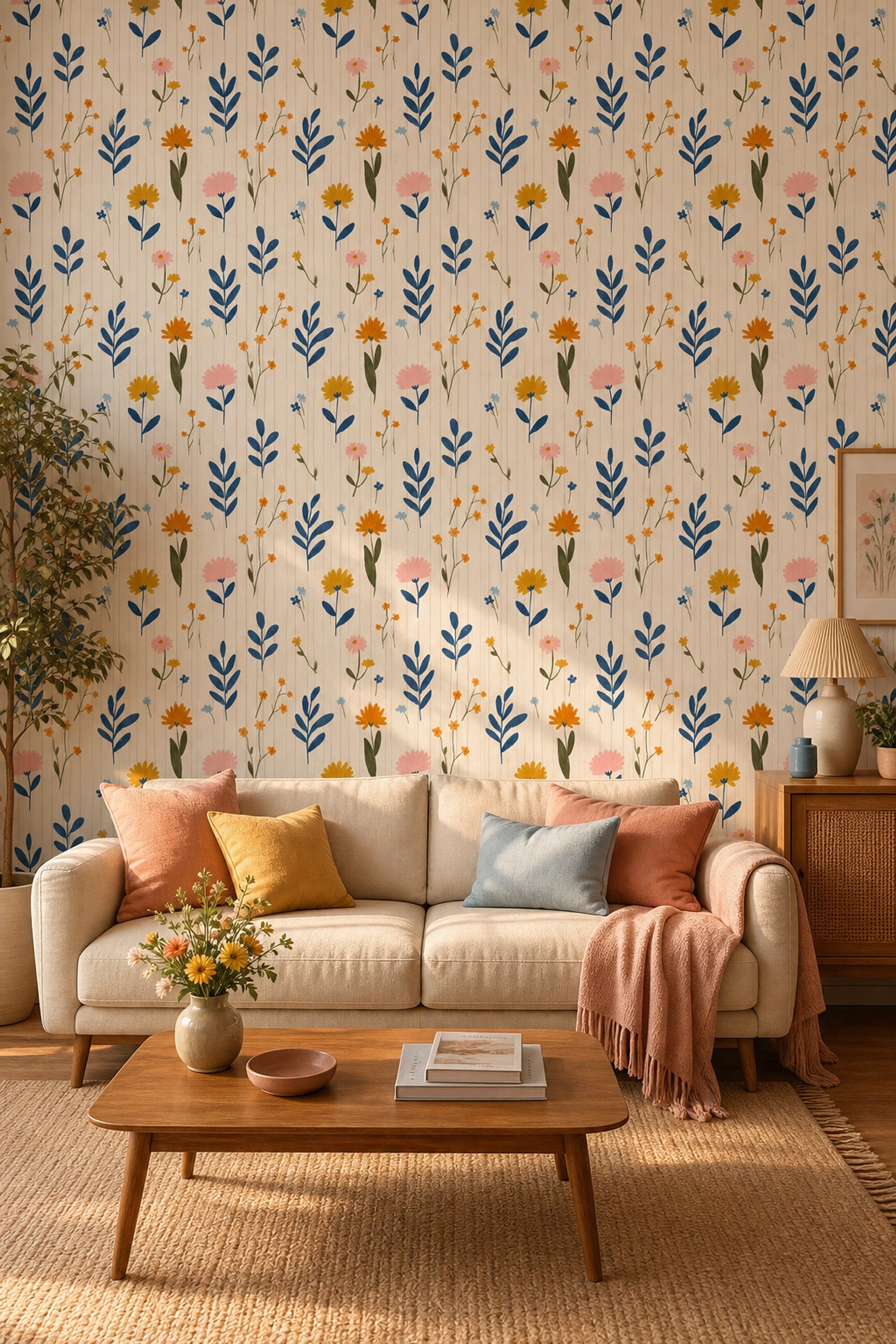 Floral Wallpaper Botanical Cream Background Decorative Mural