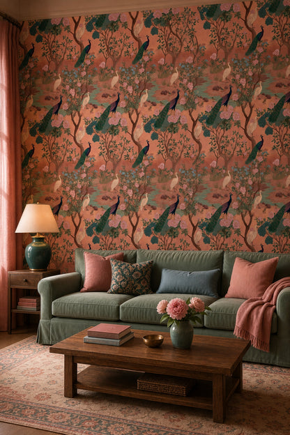Chinoiserie Wallpaper Peacock Removable Egret Wall Double Roll