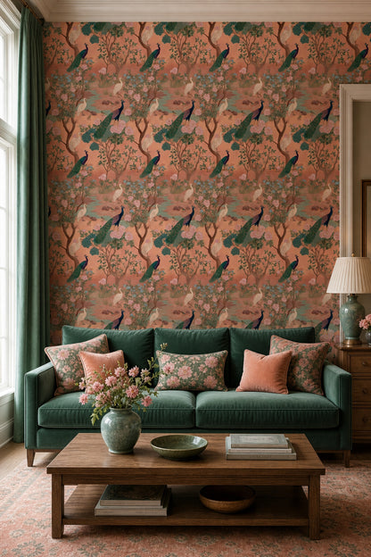 Chinoiserie Wallpaper Peacock Removable Egret Wall Double Roll