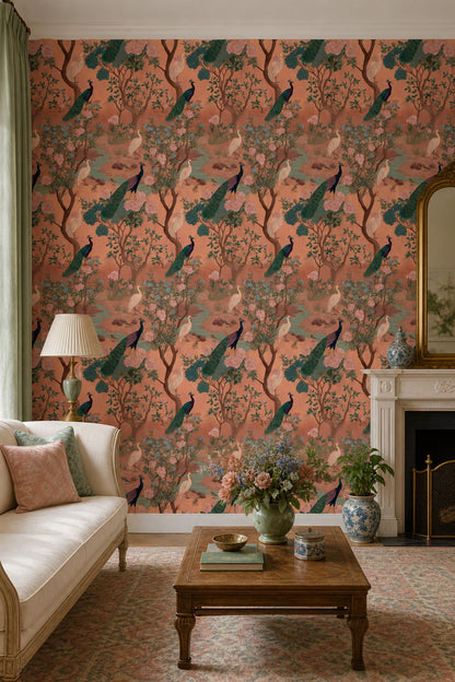 Chinoiserie Wallpaper Peacock Removable Egret Wall Double Roll