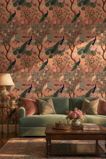 Chinoiserie Wallpaper Peacock Removable Egret Wall Double Roll