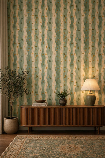 Abstract Wavy Stripes Wallpaper Sage Green Cream Decorative Mural