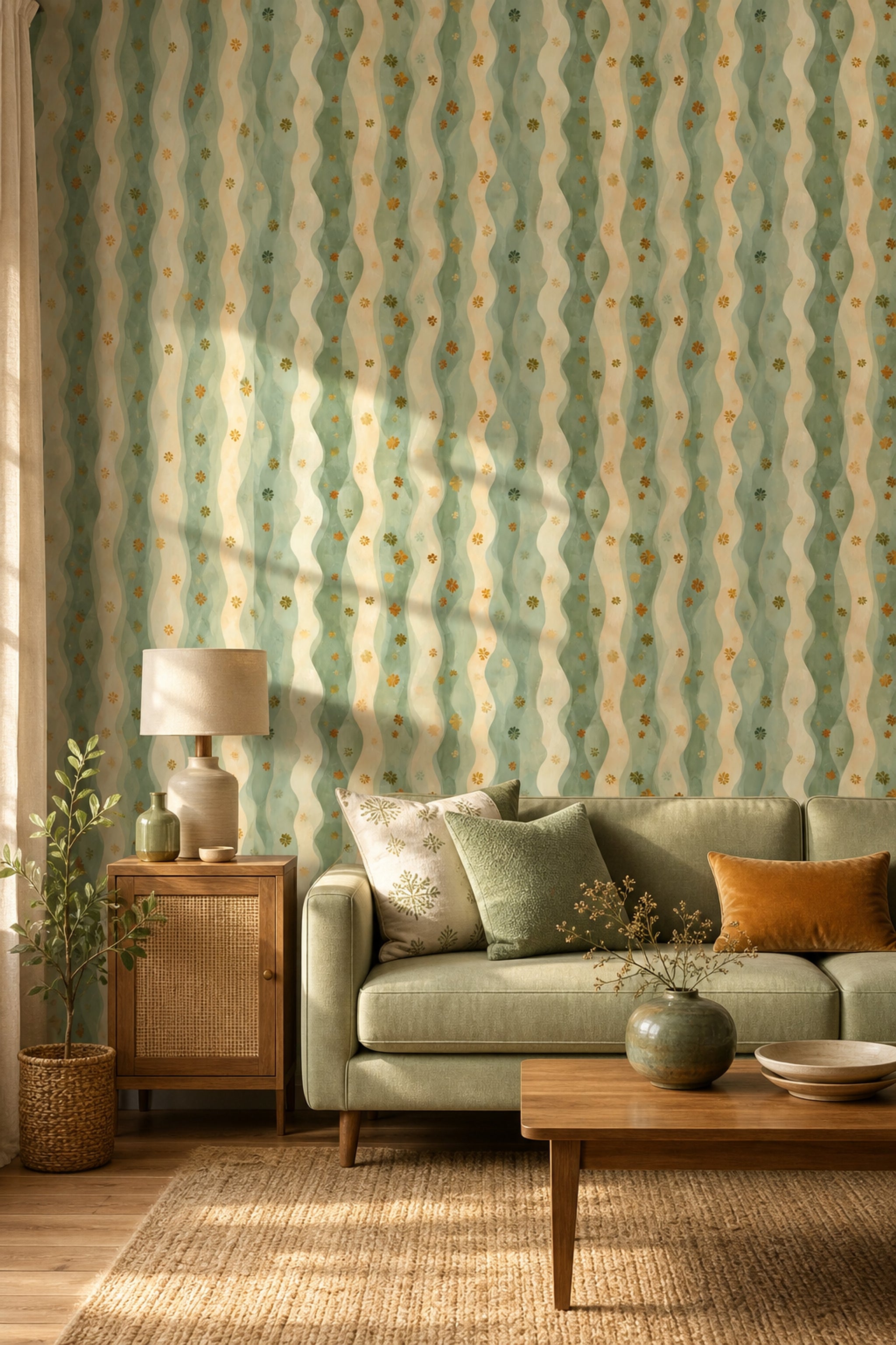 Abstract Wavy Stripes Wallpaper Sage Green Cream Decorative Mural