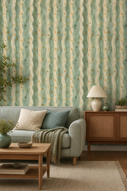 Abstract Wavy Stripes Wallpaper Sage Green Cream Decorative Mural