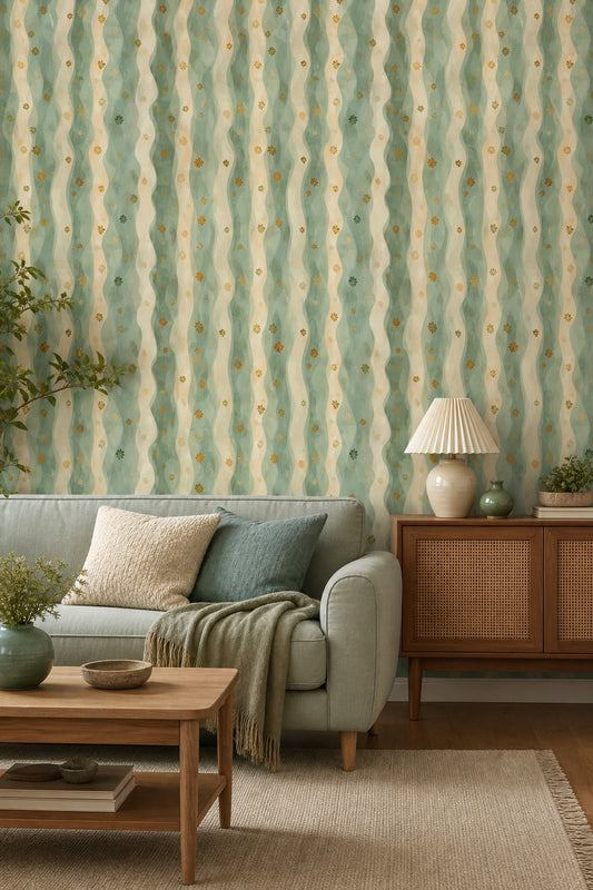 Abstract Wavy Stripes Wallpaper Sage Green Cream Decorative Mural