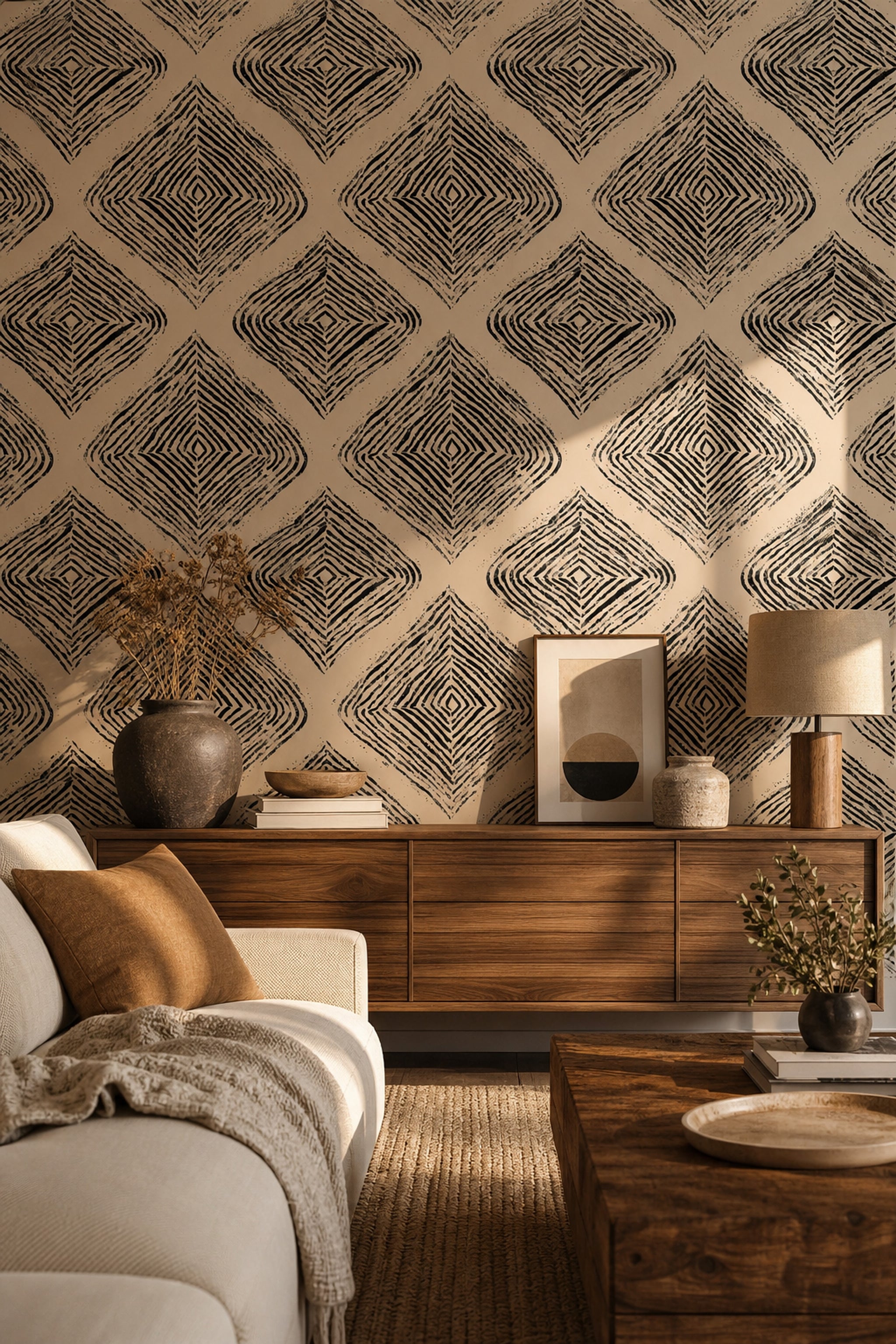 Abstract Geometric Wallpaper Diamond Pattern Black Ink Removable Wall Decor