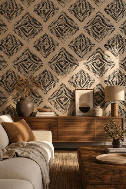 Abstract Geometric Wallpaper Diamond Pattern Black Ink Removable Wall Decor
