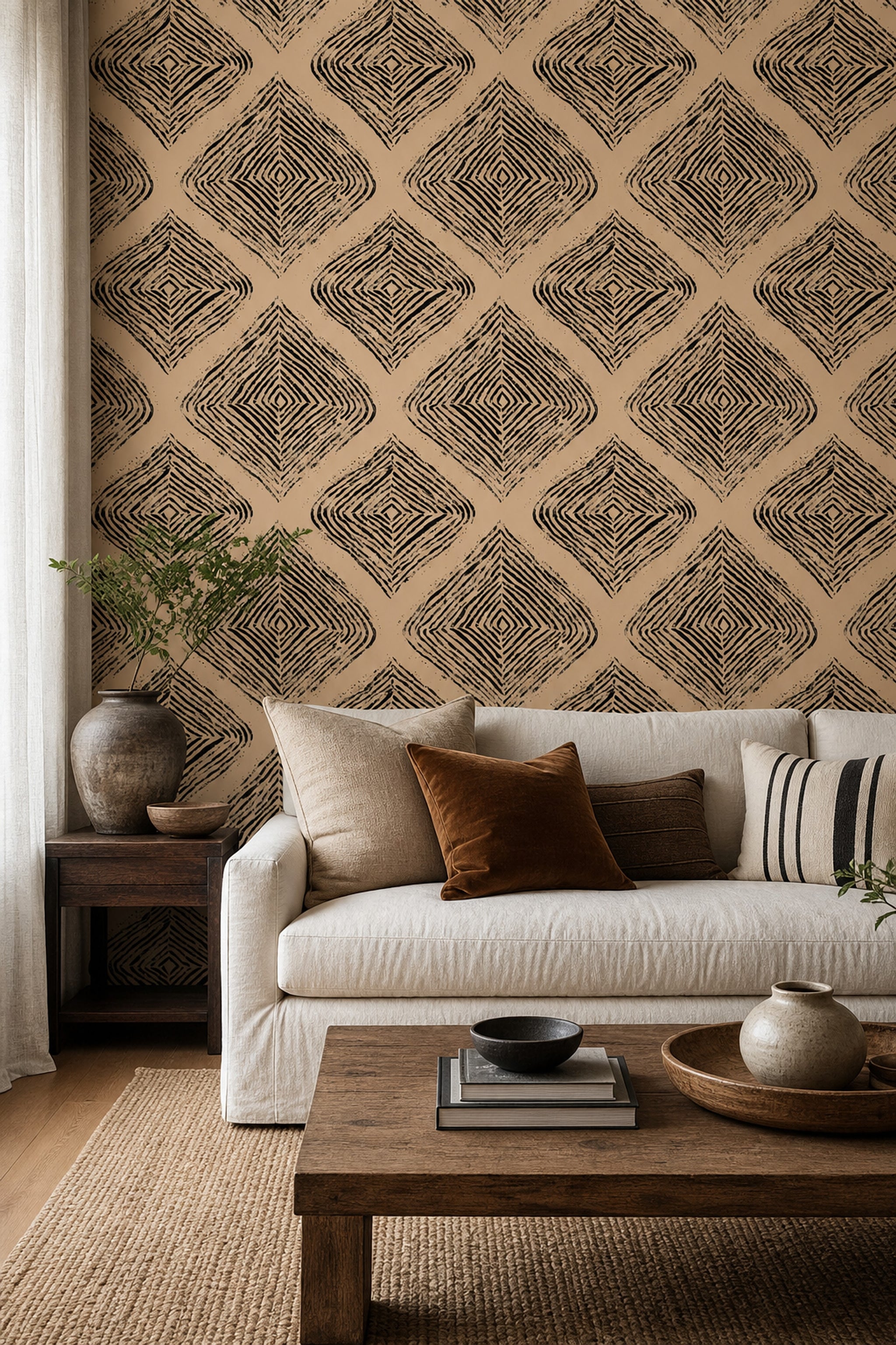 Abstract Geometric Wallpaper Diamond Pattern Black Ink Removable Wall Decor