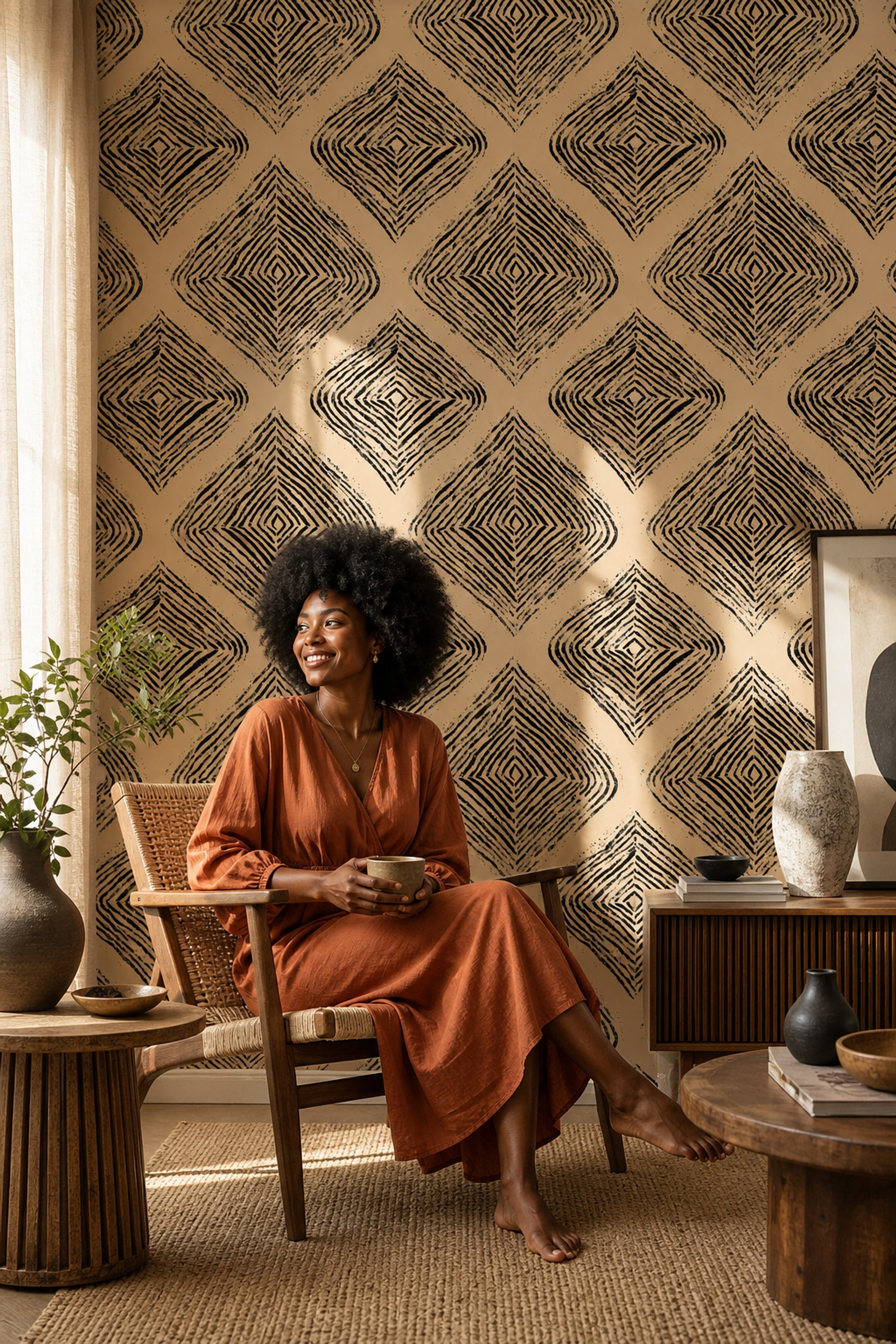 Abstract Geometric Wallpaper Diamond Pattern Black Ink Removable Wall Decor