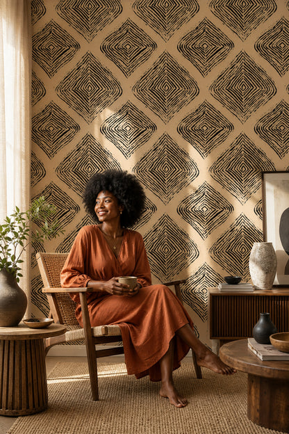 Abstract Geometric Wallpaper Diamond Pattern Black Ink Removable Wall Decor