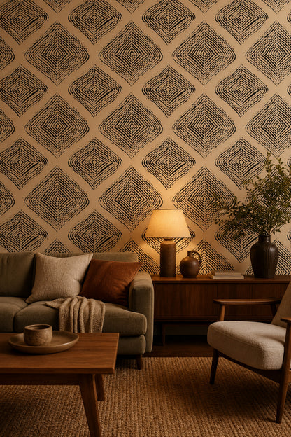 Abstract Geometric Wallpaper Diamond Pattern Black Ink Removable Wall Decor