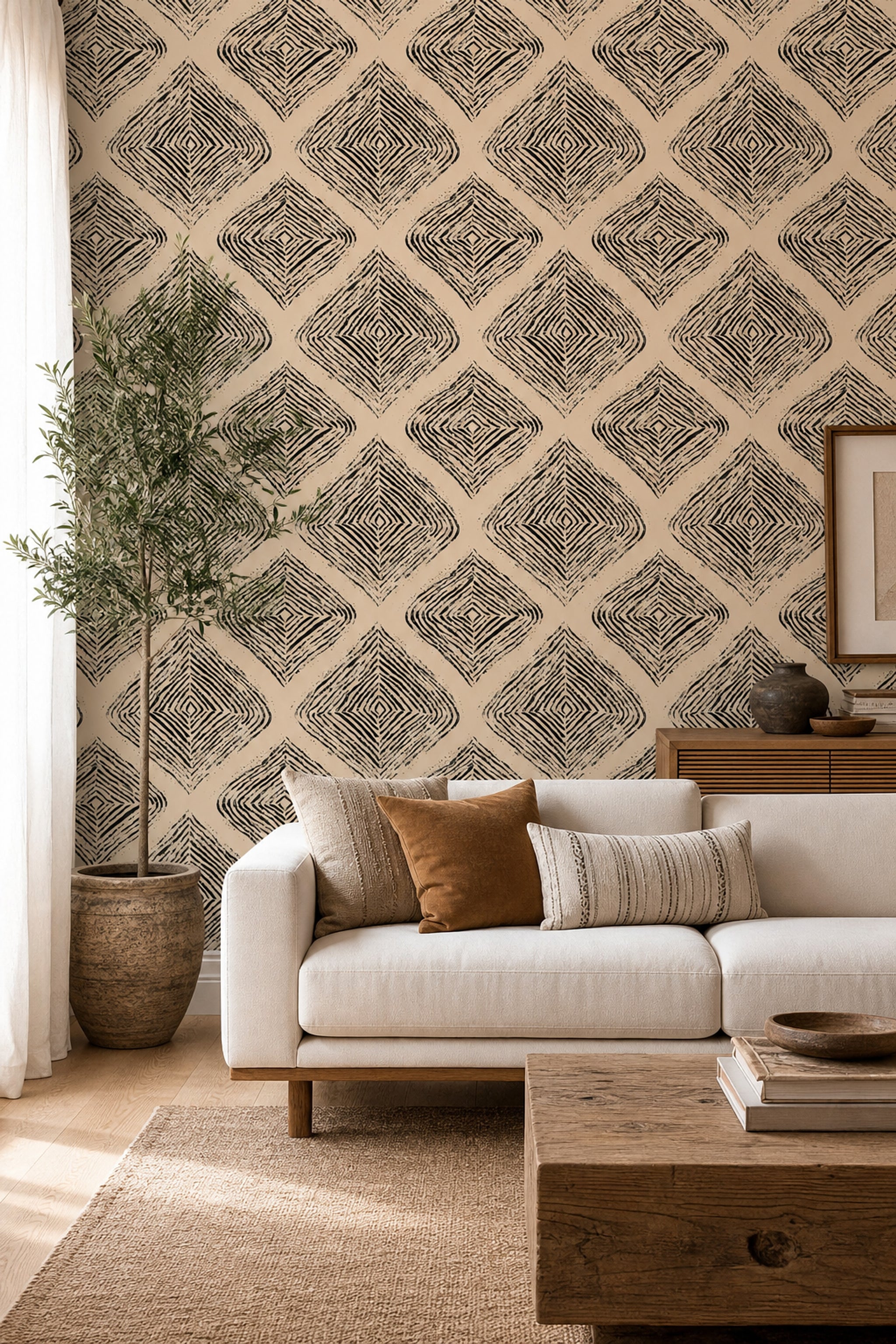 Abstract Geometric Wallpaper Diamond Pattern Black Ink Removable Wall Decor