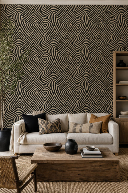 Abstract Geometric Wallpaper Maze Pattern Tribal Inspired Decorative Mural
