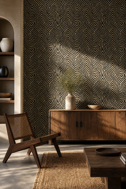 Abstract Geometric Wallpaper Maze Pattern Tribal Inspired Decorative Mural