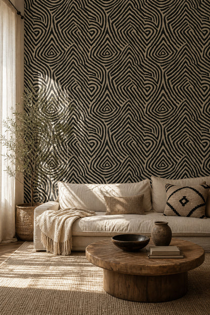 Abstract Geometric Wallpaper Maze Pattern Tribal Inspired Decorative Mural
