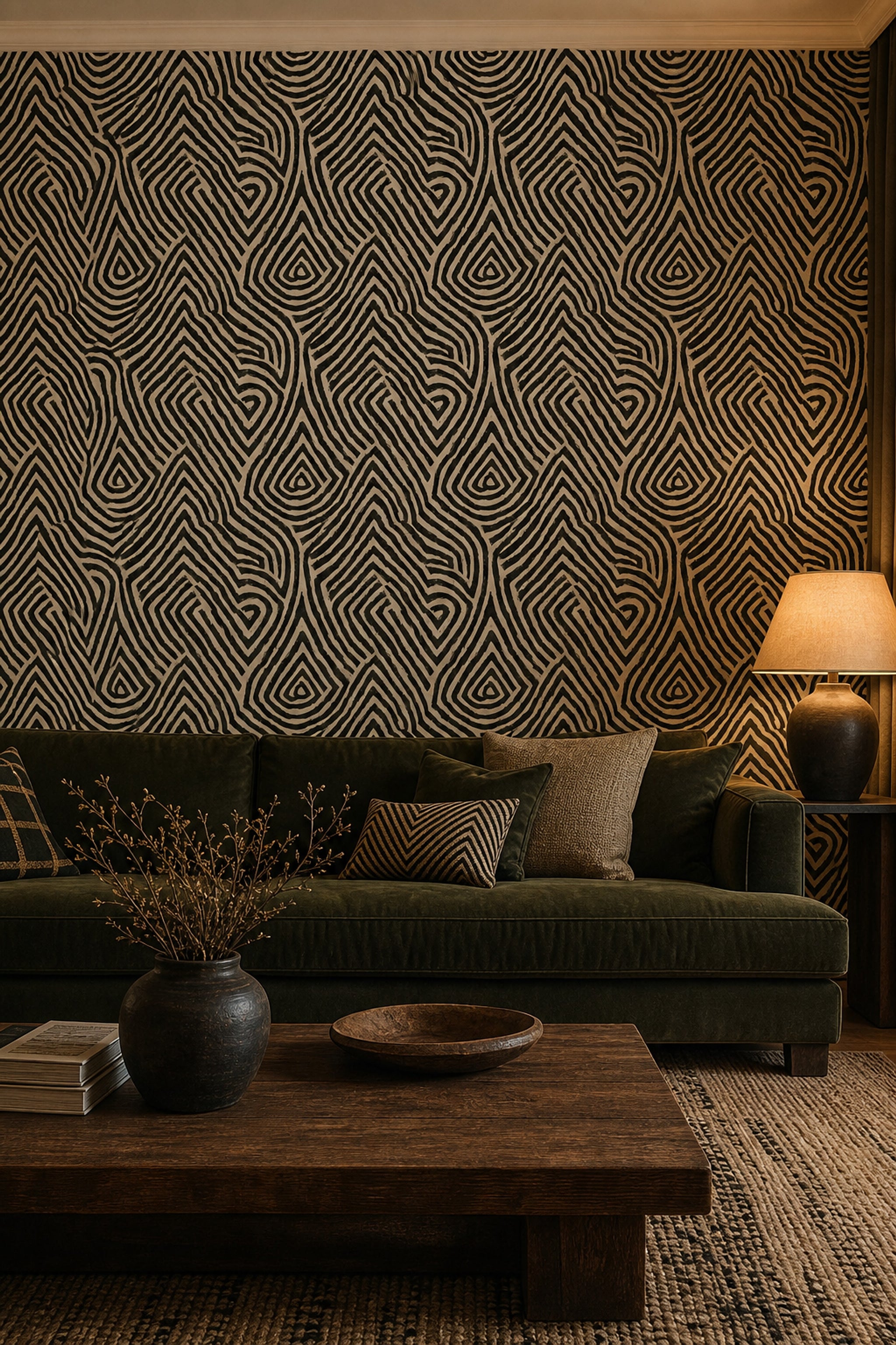 Abstract Geometric Wallpaper Maze Pattern Tribal Inspired Decorative Mural