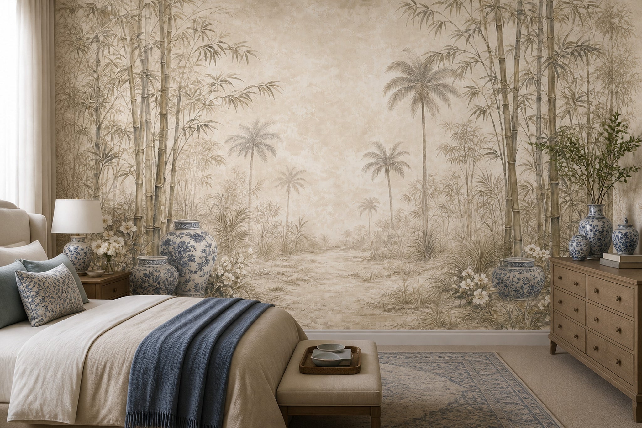 Bamboo Grove Wallpaper Tropical Palms Blue And White Porcelain Removable Wall Decor