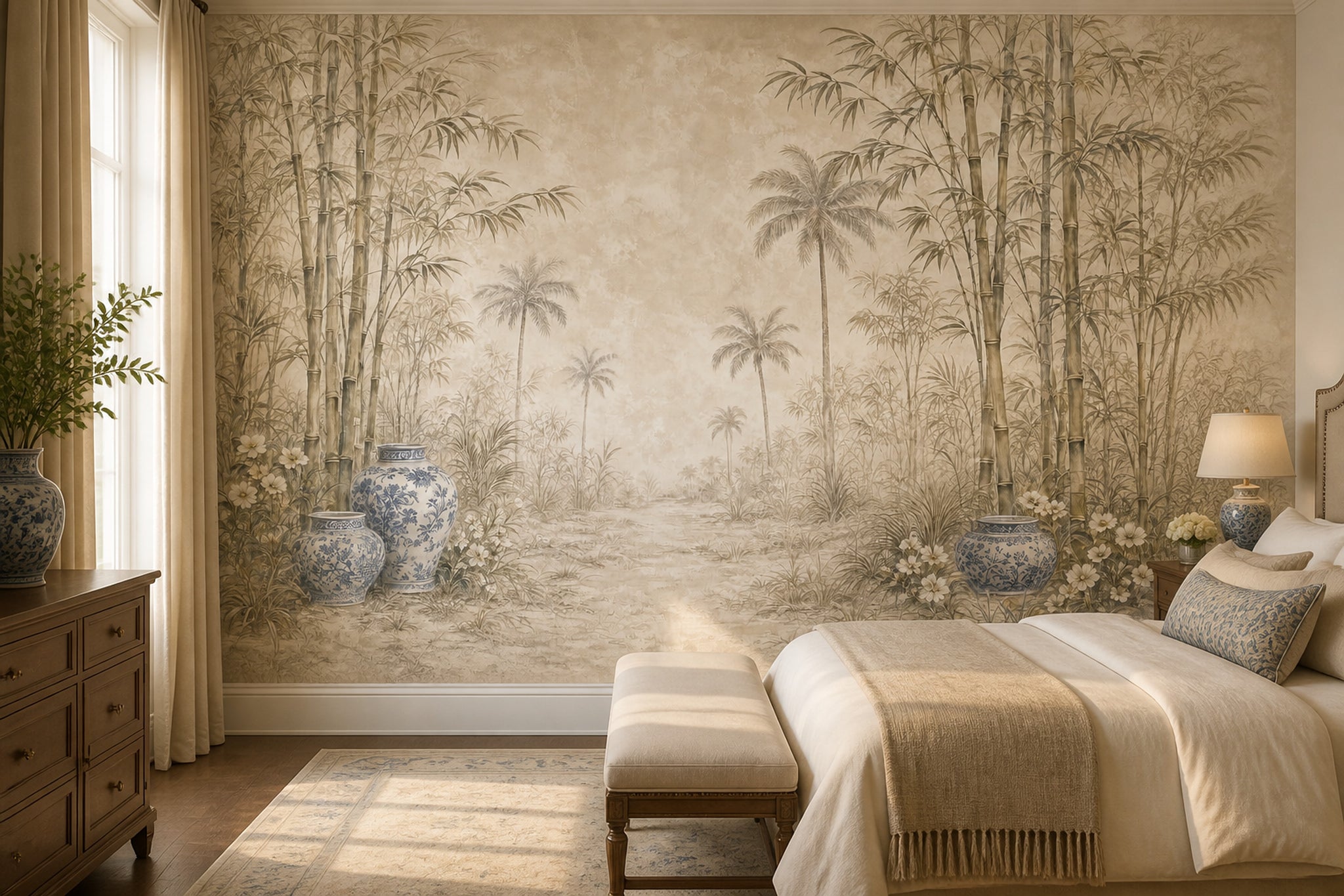 Bamboo Grove Wallpaper Tropical Palms Blue And White Porcelain Removable Wall Decor
