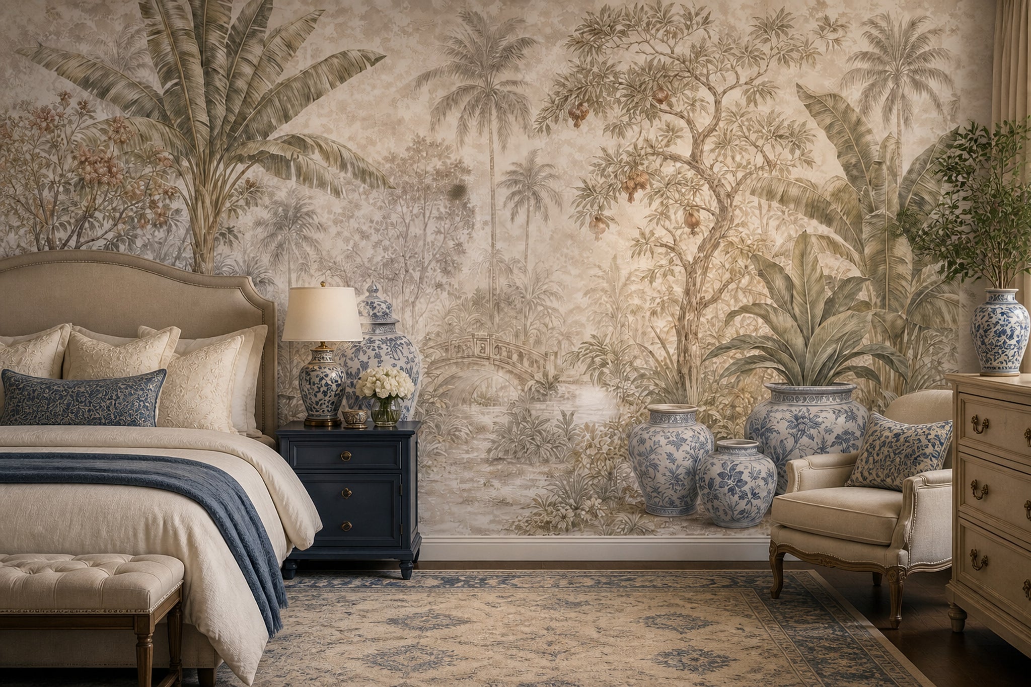 Tropical Landscape Wallpaper Palm Trees Removable Blue And White Porcelain Wall Decor
