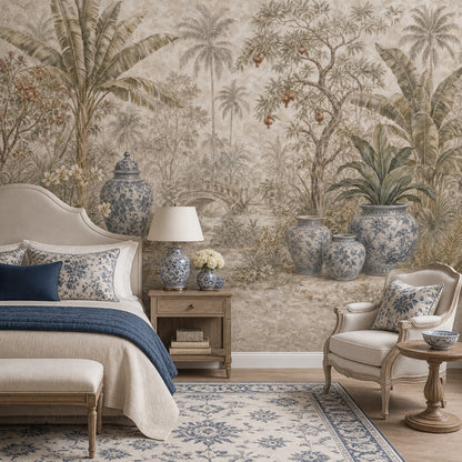 Tropical Landscape Wallpaper Palm Trees Removable Blue And White Porcelain Wall Decor