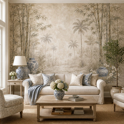 Bamboo Grove Wallpaper Tropical Palms Blue And White Porcelain Removable Wall Decor