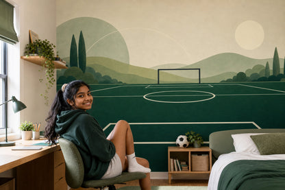 Muted Green Wallpaper Soccer Field Landscape Removable Wall Decor