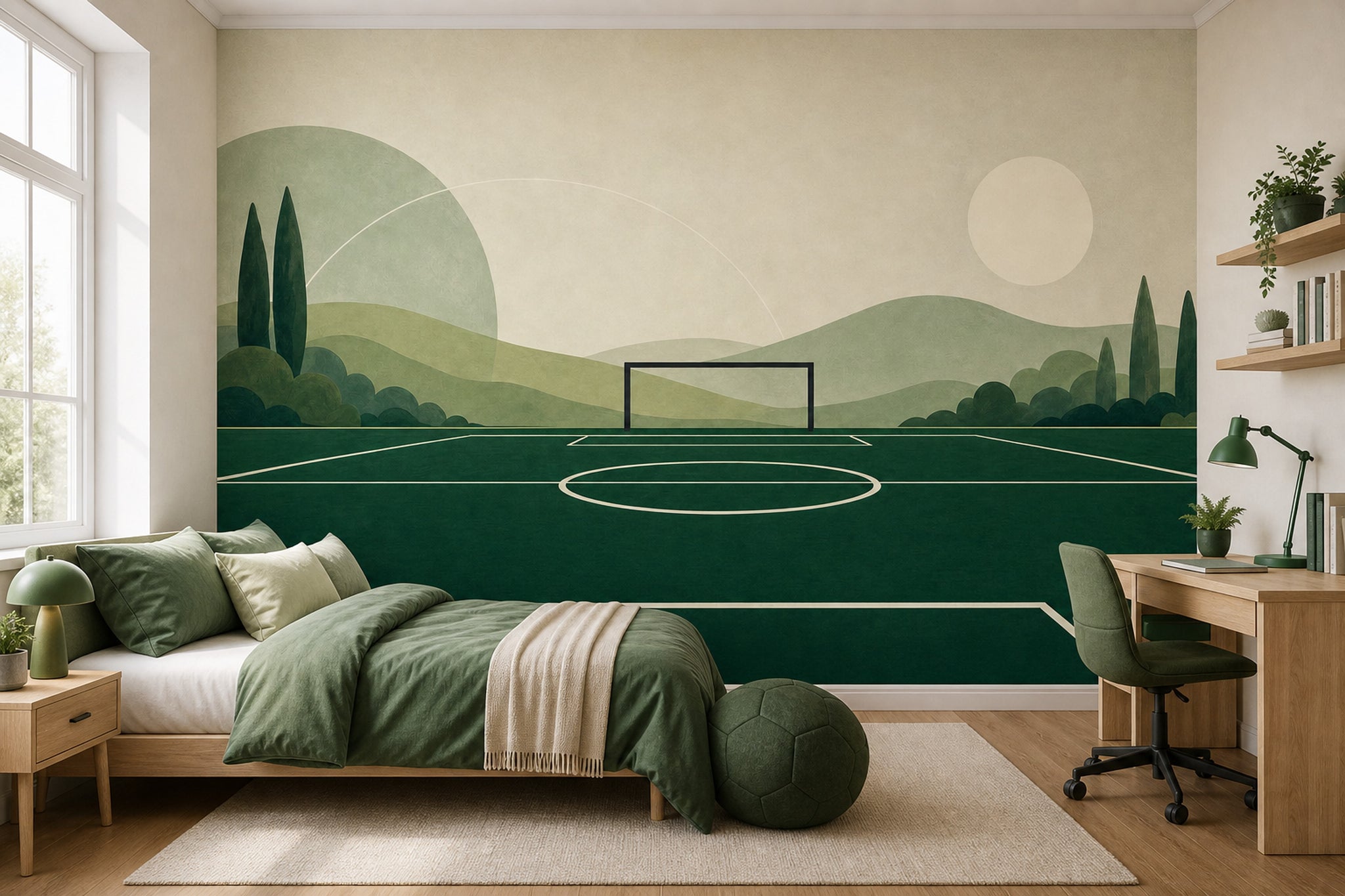Muted Green Wallpaper Soccer Field Landscape Removable Wall Decor