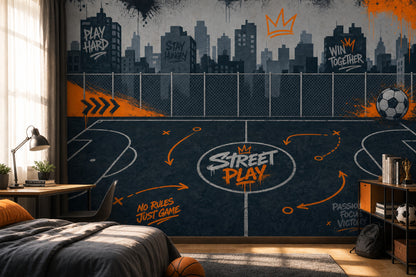 Street Sports Court Wallpaper City Skyline Removable Graffiti Typography Wall Decor