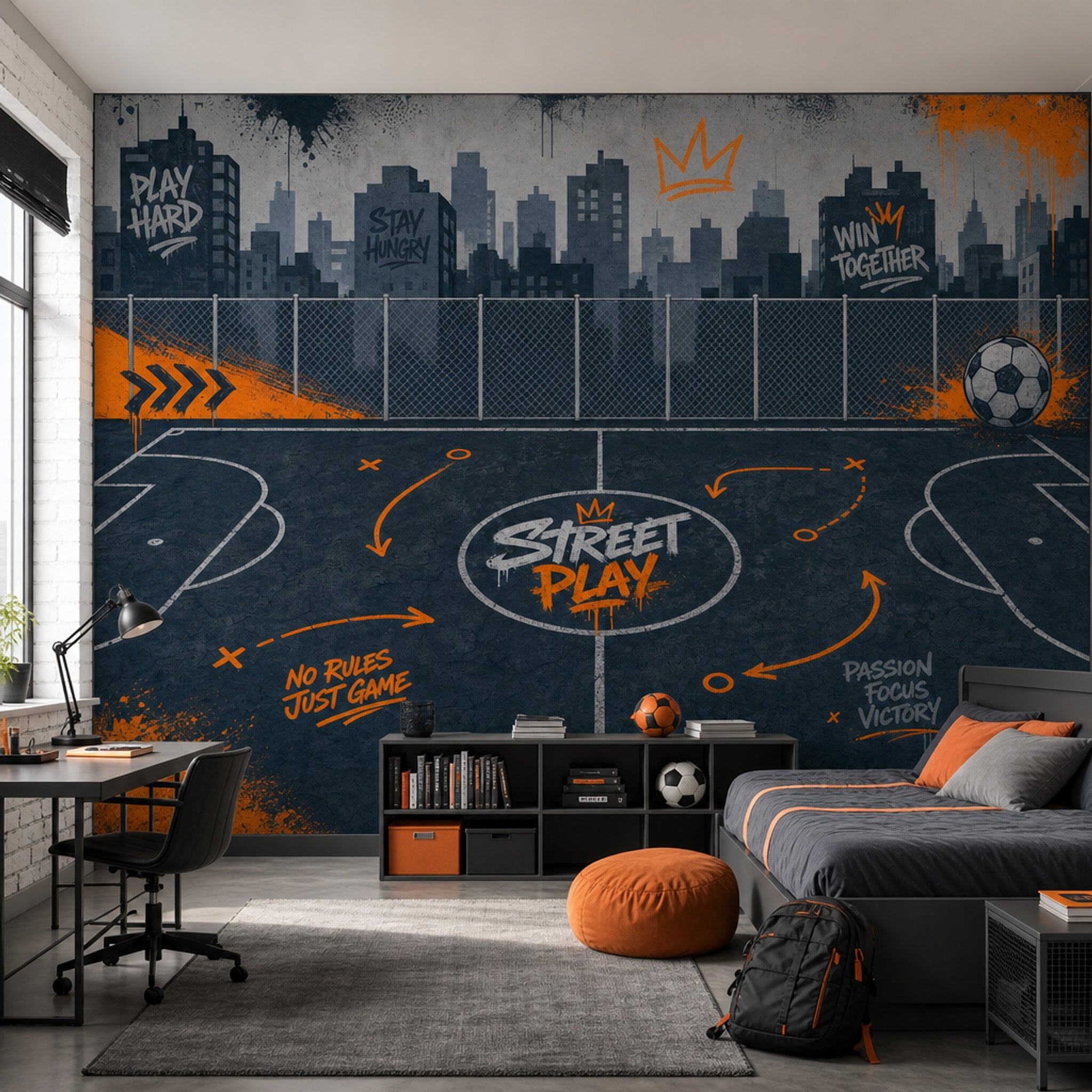 Street Sports Court Wallpaper City Skyline Removable Graffiti Typography Wall Decor
